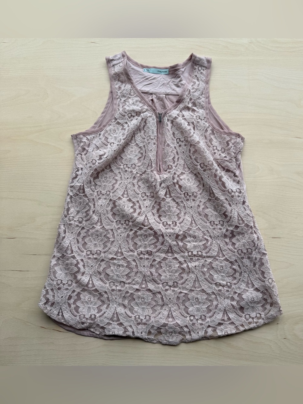 Maurices Blush Pink Lace Overlay Tank Top Floral Front Zipper size S Lightweight
